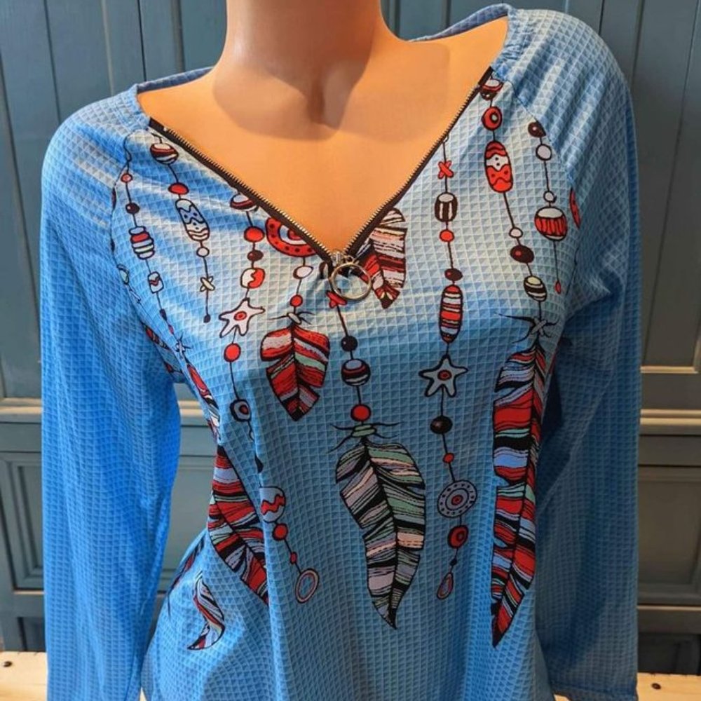 Women's Blue Feather Front Zipper Top Shirt Medium